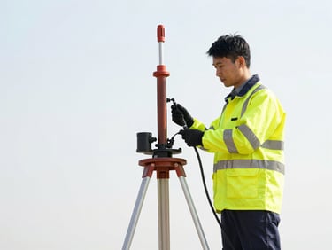 An environmental technician in high-visibility gear operating a soil sampling pump on a structured metal tripod, bright daylight.