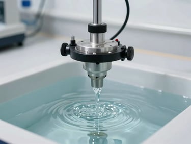 A multi-parameter water quality probe being lowered into a clear water sample, clean laboratory bench background, crisp focus.
