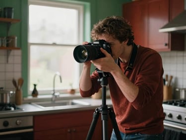 A professional photographer adjusting a camera on a tripod in a rustic kitchen, soft overcast daylight from a nearby window, warm editorial style, 35mm