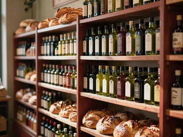 Sunlit interior of an independent specialty food market, shelves stocked with artisanal olive oils and fresh bread.