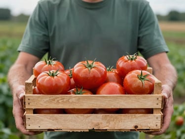 A farmer holding a wooden crate of freshly harvested heirloom tomatoes, overcast northern daylight.