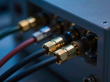 Macro detail shot of gold-plated coaxial cabling connecting to a dilution refrigerator, sharp focus, low-key dramatic laboratory lighting with blue highlights.