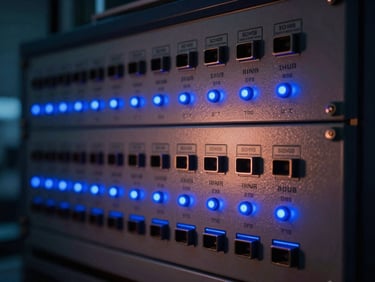 Close-up of a control rack hardware panel with laser-blue indicator lights, monospaced terminal interface displaying real-time execution logs, low-key dramatic laboratory lighting.