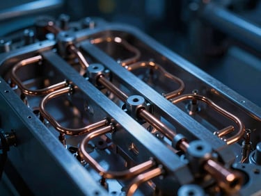 Macro shot of a quantum dilution refrigerator's intricate metallic structure, copper-wire accents, reflecting sharp blue and amber lights, industrial laboratory photography.