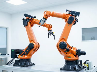 High-key industrial photograph of a multi-axis robotic arm in motion on a clean factory floor, bright daylight