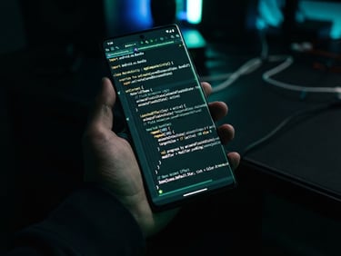 A high-resolution Android flagship device mockup showing a fluid, neon-accented Kotlin code interface, sharp focus, low-key dramatic lighting with neon green glow, 35mm.
