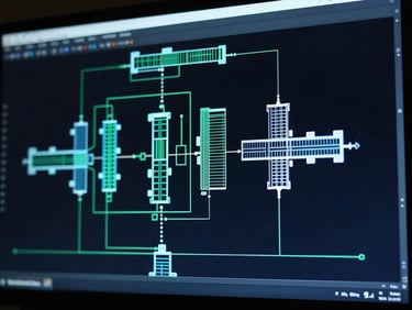 High-resolution architectural system diagram glowing on a dark monitor, neon blue and green accents, 35mm photography.