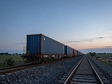 Wide environmental shot of a freight train loaded with intermodal containers moving through a central European landscape at dusk, tracks converging toward the horizon, cool ambient light, low angle emphasizing scale and distance