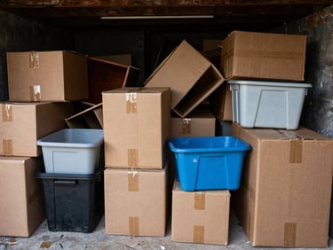 Before: A dark basement packed floor-to-ceiling with old cardboard boxes, broken plastic bins, and discarded furniture, unpolished documentary style.