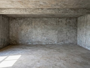 After: The exact same basement space, completely empty, concrete walls and swept floor visible under bright natural light, sharp focus.