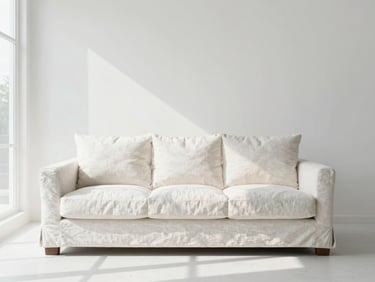 Bright modern living space with a single low-profile linen sofa, large window, soft shadows