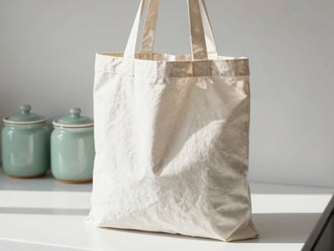 Close up of a reusable organic cotton tote bag and ceramic jars on a clean kitchen counter, morning sun
