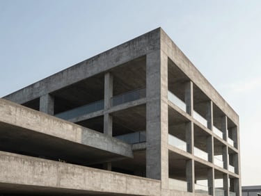 Wide-angle architectural elevation of a concrete and steel structure under crisp morning light, sharp focus, 35mm lens.