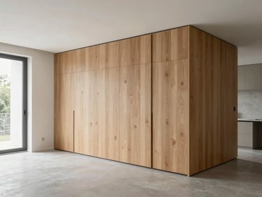 High-end residential living room showing seamless timber joinery and minimal plaster finish, soft overcast light