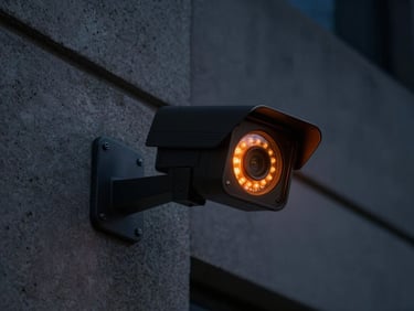 Dramatic low-key close-up of a modern black security camera mounted on concrete architecture, status LED glowing safety orange, night lighting, 35mm