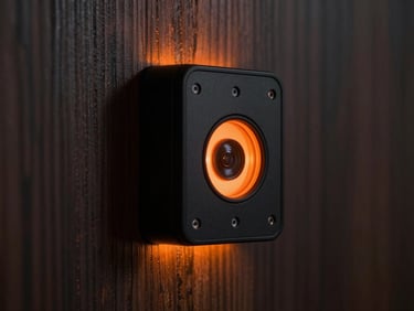 Close-up of a sleek black motion sensor mounted on a dark wood panel, sharp focus, orange ambient light leak, professional security hardware, 35mm.