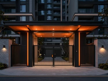 Wide architectural night shot of a modern residential condominium entrance, sharp security gates, subtle orange ambient light leaks, cinematic lighting, 35mm