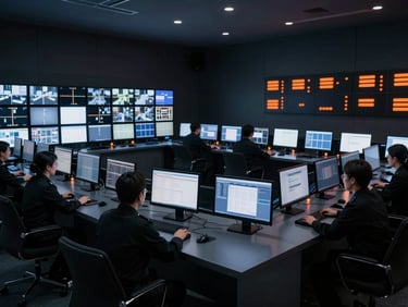 Wide panoramic shot of a dark, clean security monitoring room with multiple glowing displays, professional operators in black uniforms, orange status lights, cinematic.