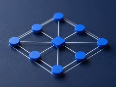 Isometric schematic diagram of network routing architecture, clean white lines on a deep slate background, sharp cobalt accents, technical blueprint style.