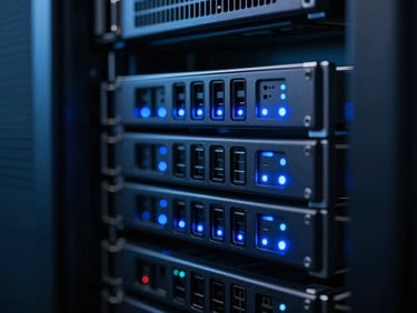 Macro shot of a high-performance server rack in a dark data center, illuminated by sharp cobalt blue LED status lights, shallow depth of field.