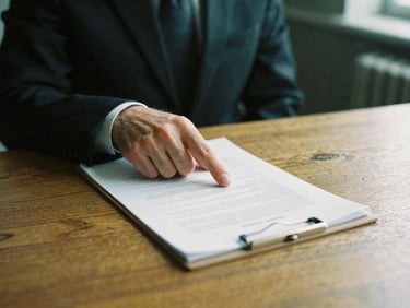 A solicitor's hand pointing to a clause in a legal document on a polished oak desk, soft British daylight, muted forest green tones.
