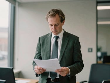 Unposed environmental portrait of a solicitor in a modern office, reviewing documents, soft British daylight, muted forest green and stone tones, 35mm film grain.