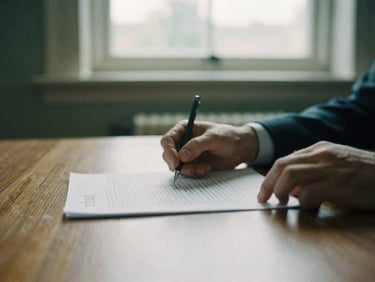 Close-up of hands reviewing legal documents on a polished wooden desk, soft British daylight from a window, muted forest green and stone tones, 35mm film grain.