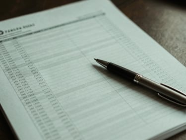 A detailed shot of a financial ledger or spreadsheet on a desk, a pen resting on it, natural light, muted forest green tones.