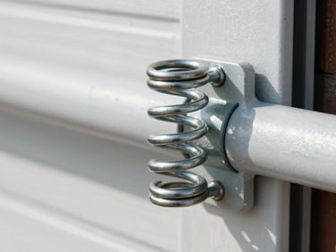 Macro close-up of a pristine heavy-duty steel torsion spring installed on a garage door shaft, clean industrial tones, high contrast
