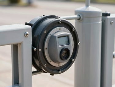 Close-up of a secure automated metal entry gate gear mechanism, clean industrial grease, bright daylight