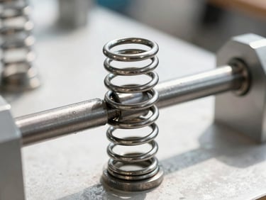 Macro photograph of a pristine heavy-duty steel torsion spring mounted on a clean metal shaft, bright natural workshop light