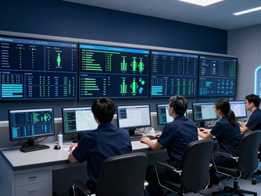 High-tech clinical trial control room, modern data displays showing compliance dashboards, professional researchers collaborating, crisp studio lighting, deep navy and vibrant neon accents, high-contrast, sharp focus, 35mm