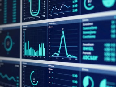 Macro close-up of a digital interface displaying complex multi-modal clinical data visualizations, vibrant teal and blue accents, crisp studio lighting, high-contrast, sharp focus, 35mm