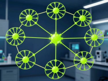 Abstract representation of neural networks processing medical data, clean laboratory environment, vibrant neon accents, high-contrast, sharp focus, 35mm