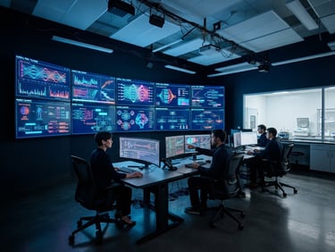 Wide shot of a modern clinical trial control room, large data displays showing neural network activity and patient matching algorithms, crisp cool studio lighting, vibrant neon accents on screens, high-contrast, sharp focus.