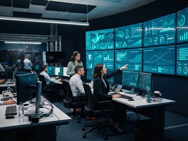High-tech clinical trial control room, large screens displaying complex clinical data visualizations with vibrant teal accents, crisp studio lighting, professional researchers collaborating in the background, medium-wide shot, high-contrast.