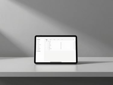 Minimalist desk setup with a tablet displaying a clean database layout, soft architectural shadows, neutral cool tones, 85mm