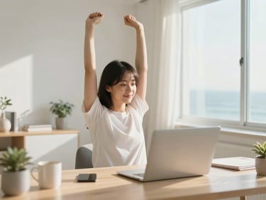 Clean minimalist home office with a person stretching gently in the background, bright natural light, representing remote work wellness.