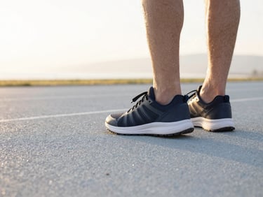 Close-up of athletic shoes on a clean, modern track at sunrise, soft focus, showing active recovery.