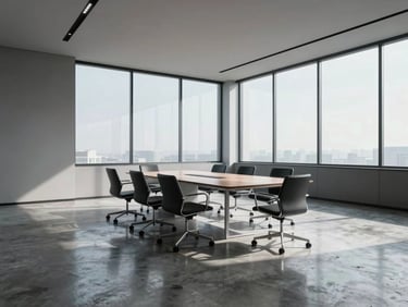 A clean, modern corporate boardroom with minimalist design, cool daylight streaming through large windows, reflecting off a polished concrete floor