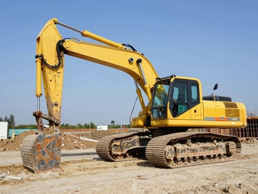 Wide environmental shot of a large, clean yellow excavator on a construction site under bright natural daylight, crisp industrial photography, high-contrast navy and safety orange tones, sharp focus, 35mm.