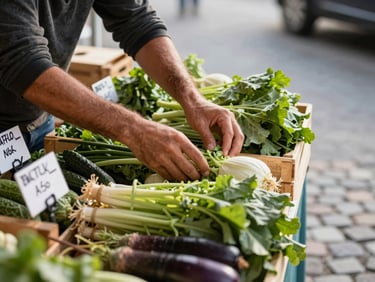 Close-up of a vendor arranging vegetables on a market stall table, natural morning light, wooden crates and price tags visible, cobblestone ground in background