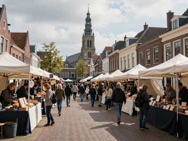 Wide environmental shot of a Dutch town square market, rows of white canvas vendor stalls, pedestrians browsing, cobblestones and a church tower visible in background, overcast daylight