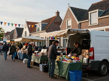 Street-level view of a market setup in a small Dutch village square, vendor unpacking goods from a van, early daylight, market signage and bunting visible across the street