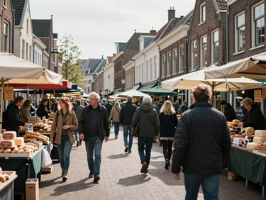 Wide shot of a busy market aisle in a Dutch town square, shoppers walking past stalls selling bread and cheese, daylight, storefronts visible in background
