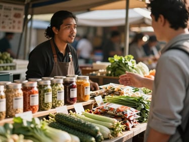 Close shot of a busy market stall with jars, vegetables and packaged goods arranged on a table, vendor visible in the background talking to a customer, warm afternoon daylight from the side