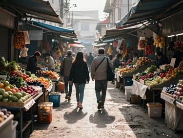 Street-level shot looking down a market lane, vendor stalls on both sides with colourful produce and goods on display, shoppers mid-stride, natural morning light casting long shadows on the pavement