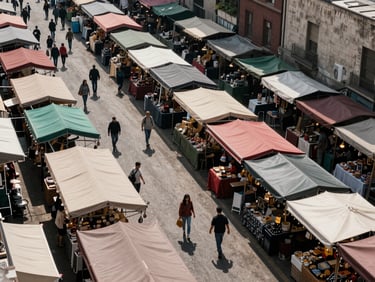 Overhead angle of a dense market layout in a city street, rows of stalls with colourful awnings, pedestrians browsing, natural daylight casting short shadows