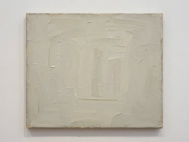 Direct frontal view of a heavily textured oil painting, thick impasto brushstrokes, neutral gallery background, soft diffused daylight