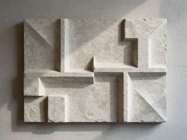 Architectural placement of a dimensional plaster relief artwork on a concrete wall, geometric structural forms, casting soft shadows under natural light